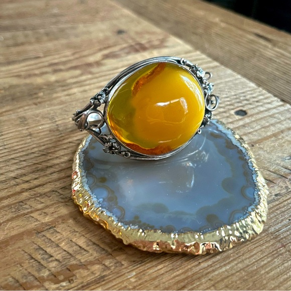 Vintage Jewelry - Vintage European Baltic Amber and Sterling Silver Oval Bracelet - One Of A Kind!
